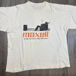 Vintage Maxell Blown Away Graphic Tee - Retro 80s Audio Tech White Shirt